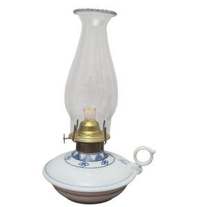 Vintage Ceramic Oil Lantern White Blue Delft Look Country Farmhouse w/ Hurricane